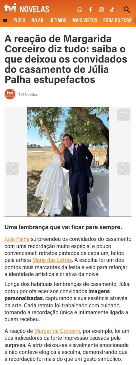 Júlia Palha surpreendeu os convidados do casamento com uma recordação muito especial e pouco convencional: retratos pintados de cada um, feitos pela artista Maria das Letras.